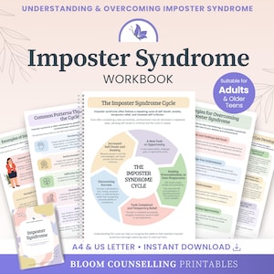Op de afbeelding: Een spiraalgebonden werkboek over het imposter-syndroom met een centraal diagram getiteld The Imposter Syndrome Cycle. De pagina's bevatten tekst over het begrijpen en overwinnen van het syndroom, geschikt voor volwassenen en oudere tieners.