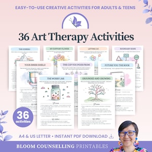 Peut inclure: Ensemble de 36 cartes d'activités d'art-thérapie pour adultes et adolescents. Les cartes présentent des illustrations et des invites pour l'expression créative, avec des sujets comme "Le bocal à soucis". Le texte "A4 & US LETTER • INSTANT PDF DOWNLOAD" est également visible.