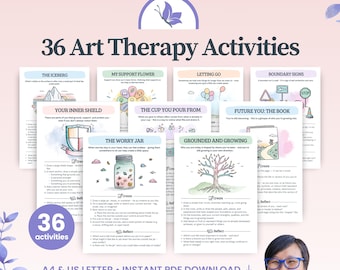 Paquete de actividades de arteterapia, hojas de trabajo y diarios imprimibles para el autocuidado terapéutico, ejercicios creativos de garabatos para la ansiedad y la salud mental.