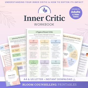 Könnte beinhalten: Ein spiralgebundenes Inner Critic Arbeitsbuch mit Seiten, die sechs Arten von inneren Kritikern beschreiben, darunter der Perfektionist und der Aufgabenmeister. Das Dokument enthält pastellfarbene Bereiche, Text und ein Schmetterlingssymbol.