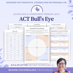 May include: A collection of Acceptance & Commitment Therapy worksheets including the ACT Bull's Eye, Values List, and Action Plan. The documents feature text headers, tables, and a central bull's eye diagram for personal reflection and goal setting.