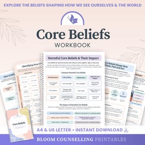 Puede incluir: Un cuaderno de ejercicios en espiral sobre creencias fundamentales con varias páginas que incluyen tablas y texto sobre creencias dañinas, su impacto y cómo reformularlas. Las páginas muestran encabezados como Identifying Your Core Beliefs y Bloom Counselling Printables.