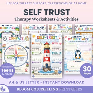 May include: A collection of self-trust therapy worksheets and activities featuring colourful illustrations, including a lighthouse, a compass, and a penguin. The pages contain text such as My Self-Trust Action Plan, The Self-Trust Ladder, and The Foundations of Self-Trust.