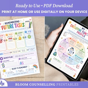 May include: Two digital planning sheets with colourful illustrations and text. The left sheet is titled Remembering Future Tasks with sections for intention, trigger, reminder, action, and backup plan. The right sheet is titled My Executive Functioning Profile with a circular chart featuring a penguin and eight skill categories.