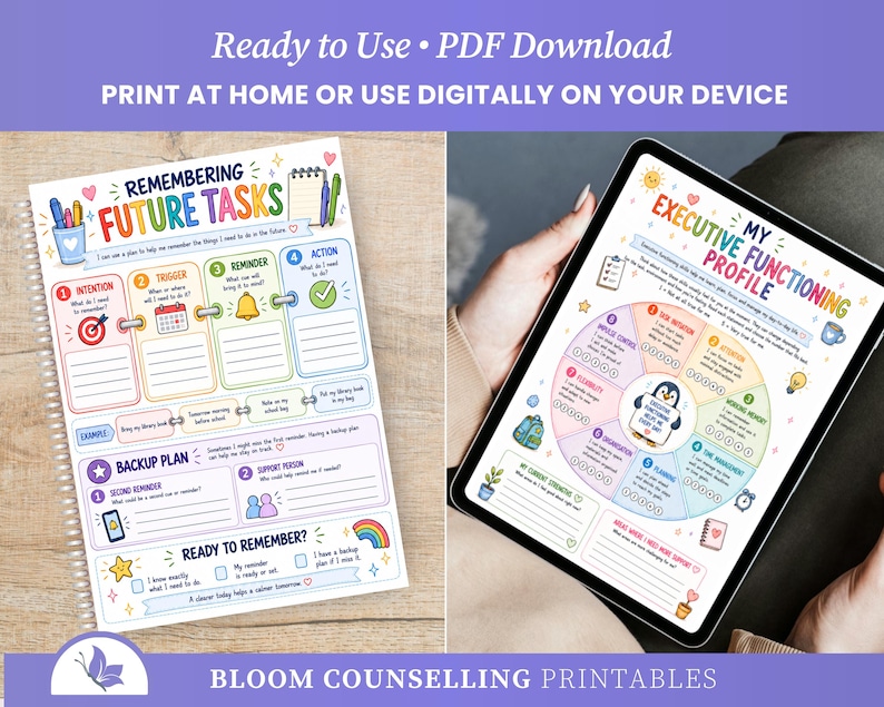 May include: Two digital planning sheets with colourful illustrations and text. The left sheet is titled Remembering Future Tasks with sections for intention, trigger, reminder, action, and backup plan. The right sheet is titled My Executive Functioning Profile with a circular chart featuring a penguin and eight skill categories.