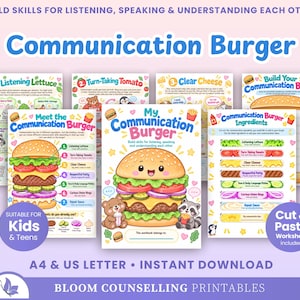 Puede incluir: Un conjunto de hojas de trabajo educativas titulado Communication Burger con ilustraciones coloridas de una hamburguesa con ingredientes etiquetados como lechuga de escucha, tomate de turno, queso claro, carne respetuosa, pepinillos de tono y lenguaje corporal, aros de cebolla curiosos y salsa de reparación.