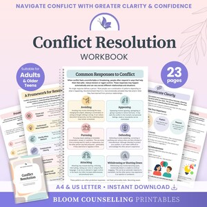 Puede incluir: Un cuaderno de ejercicios de resolución de conflictos con encuadernación en espiral de 23 páginas para adultos y adolescentes. La portada y las páginas interiores muestran texto, diagramas e iconos que explican respuestas comunes a los conflictos.