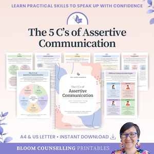 May include: A self-guided workbook titled The 5 C's of Assertive Communication with a spiral binding, featuring a pastel abstract cover. The workbook is surrounded by several informational pages detailing communication styles and the 5 C's framework.