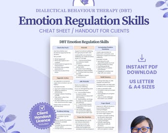 DBT Emotion Regulation Skills Cheat Sheet Handout for Clients, Therapists Psychologist Resource, DBT Therapy Tools (Digital Download)