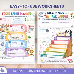 May include: Two colourful printable worksheets titled Focus Sprint Planner and Break It Down: The Task Ladder. The planner features a rabbit and a path with four steps, while the ladder shows a penguin climbing steps to a finished goal.