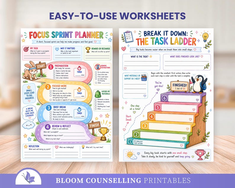 May include: Two colourful printable worksheets titled Focus Sprint Planner and Break It Down: The Task Ladder. The planner features a rabbit and a path with four steps, while the ladder shows a penguin climbing steps to a finished goal.