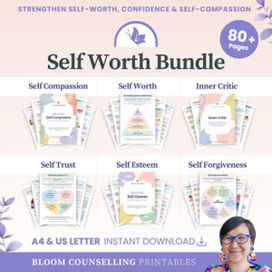 May include: A digital self-worth bundle containing over 80 pages of printable worksheets. The collection includes sections on self-compassion, self-worth, inner critic, self-trust, self-esteem, and self-forgiveness, available in A4 and US letter sizes.