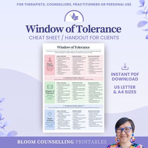 May include: A printable handout titled "Window of Tolerance" for therapists and counselors. The document features a pink, green, and blue color scheme, with sections on hyper-arousal, hypo-arousal, and regulation strategies. Text includes "Cheat Sheet / Handout for Clients" and "Instant PDF Download".