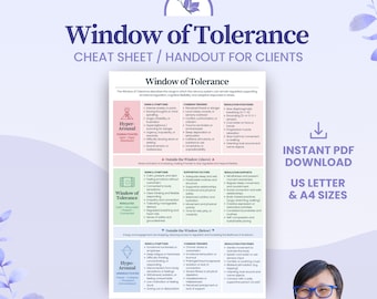 Window of Tolerance Cheat Sheet Handout for Counsellors Therapists Social Worker Resource Toolkit, Trauma Reference Guide (Digital Download)