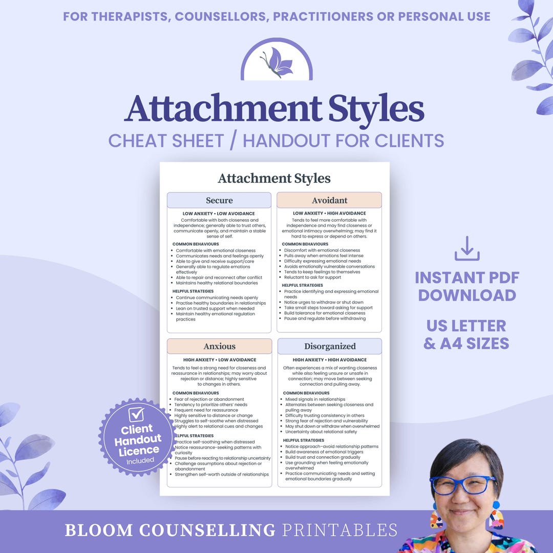 Attachment Styles Cheat Sheet Handout for Counsellors Therapist ...