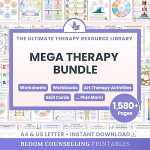 Op de afbeelding: Een digitale collectie getiteld The Ultimate Therapy Resource Library Mega Therapy Bundle, met meer dan 1.580 pagina's aan werkbladen, werkboeken, kunsttherapie-activiteiten en vaardigheidskaarten, voorzien van een paars kader en tekst.