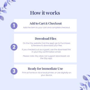 May include: A light purple graphic with the text "How it works" and numbered steps. The steps include adding to cart, downloading files from Etsy, and immediate use. Decorative floral elements frame the text.