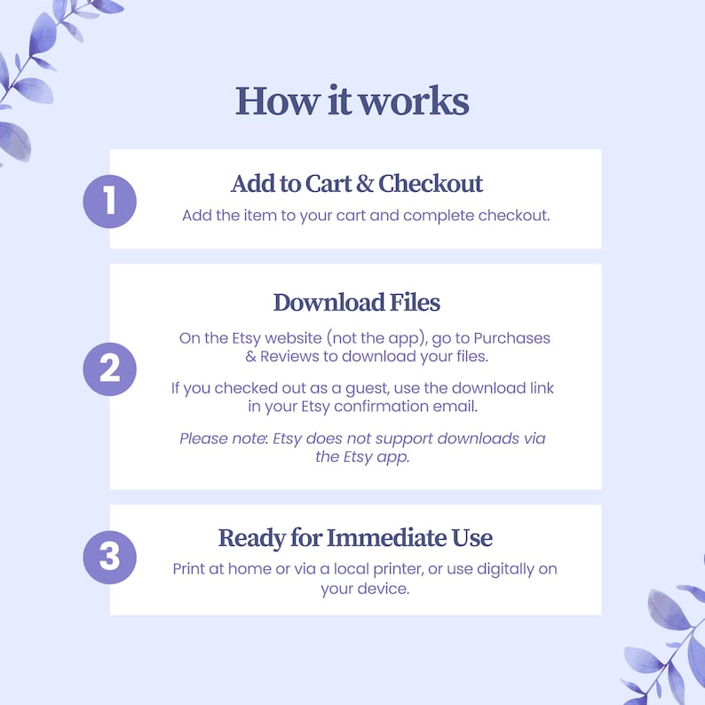 May include: A light purple graphic with the text "How it works" and numbered steps. The steps include adding to cart, downloading files from Etsy, and immediate use. Decorative floral elements frame the text.