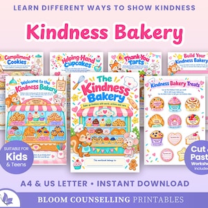 May include: A collection of printable activity sheets titled The Kindness Bakery, featuring colorful illustrations of a squirrel and mouse in a bakery setting. The pages include text such as Compliment Cookies, Helping-Hand Cupcakes, and Thank-You Tarts, with cut-and-paste worksheets for kids and teens to learn about kindness.