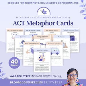 Puede incluir: Un juego de 40 tarjetas de metáforas ACT para terapia, asesoramiento o uso personal. Las tarjetas incluyen títulos como The Unwanted Party Guest, Quicksand y Leaves on a Stream, con ilustraciones y texto. Descarga digital en tamaño A4 y US Letter.