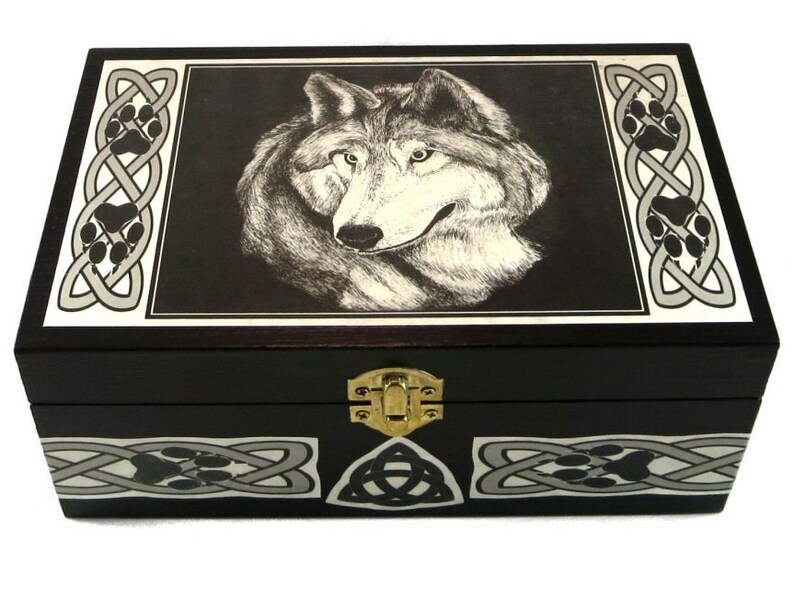 Black Wooden Celtic Wolf Box Wolf Totem Animal Tarot Box Etsy