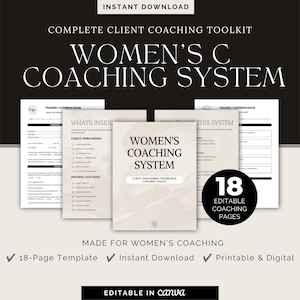 May include: A digital coaching toolkit featuring a collection of 18 editable pages with the text Women's Coaching System, Client Onboarding, Progress and Coaching Today, and 18 Editable Coaching Pages. The documents are presented in a neutral beige colour palette with black text and headers.
