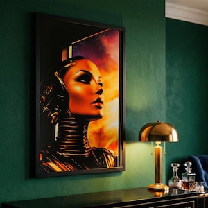 May include: A framed art print featuring a futuristic portrait of a woman with a metallic design. The artwork is set against a fiery, orange and yellow background. The print hangs above a black cabinet with gold accents, next to a gold lamp.