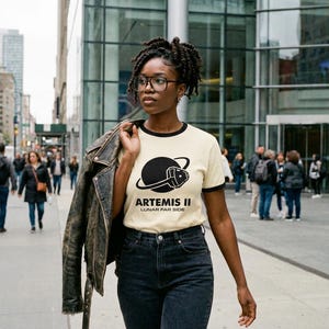 May include: A person wearing a cream-colored t-shirt with a black graphic of a planet and a space probe, with the text "ARTEMIS II LUNAR FAR SIDE". The shirt has a black collar and cuffs, paired with black jeans.