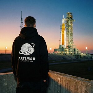 May include: Black hoodie with a white graphic of a moon and a space shuttle, with the text "ARTEMIS II LUNAR FAR SIDE". The background features a rocket launch pad and a rocket at sunset.