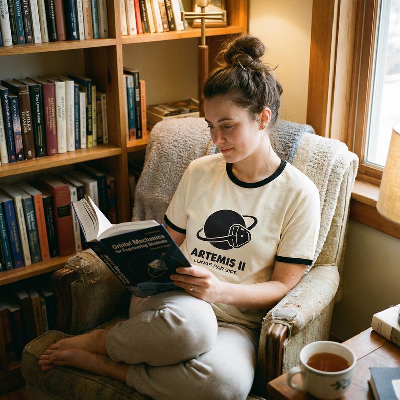 May include: Cream-colored ringer t-shirt with black trim and a black graphic of a planet and a tool, with the text "ARTEMIS II LUNAR FAR SIDE". The person is sitting in a chair and reading a book.