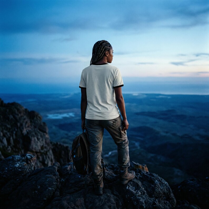 May include: A person wearing a white t-shirt with black trim, cargo pants, and hiking boots stands on a rocky mountain peak, holding a backpack. The background features a vast landscape under a blue sky.
