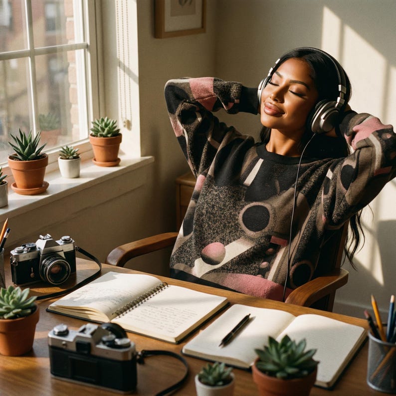 May include: A person wearing headphones and a patterned sweater relaxes at a desk. Two cameras, notebooks, pencils, and potted succulents are on the wooden desk. The window has more potted succulents. The sweater has black, pink, and white geometric shapes.