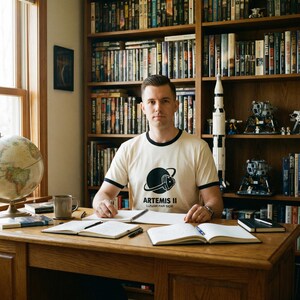 May include: A man wearing a cream-colored t-shirt with black trim and the text "ARTEMIS II LUNAR FAR SIDE" sits at a wooden desk. The desk holds open notebooks, pens, and a coffee mug. A globe and bookshelves filled with books are in the background.