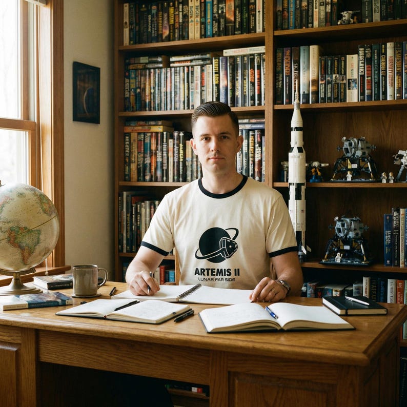 May include: A man wearing a cream-colored t-shirt with black trim and the text "ARTEMIS II LUNAR FAR SIDE" sits at a wooden desk. The desk holds open notebooks, pens, and a coffee mug. A globe and bookshelves filled with books are in the background.