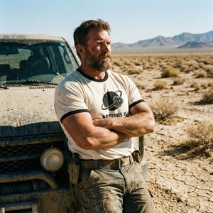 May include: A man wearing a cream-colored t-shirt with black trim and the text "ARTEMIS II" stands next to a dusty vehicle in a desert landscape. The shirt features a black graphic design. He is wearing a belt and cargo pants.