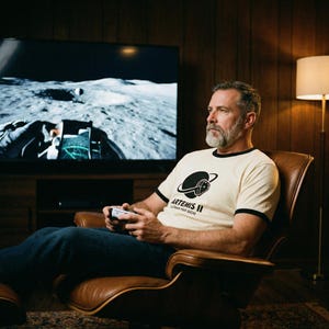 May include: A man wearing a cream-colored t-shirt with black trim and the text "ARTEMIS II LUNAR FAR SIDE" sits in a brown leather chair. He is holding a white game controller and watching a video game on a large television screen.