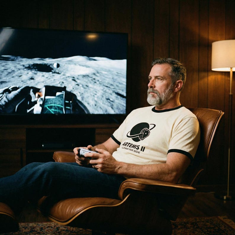 May include: A man wearing a cream-colored t-shirt with black trim and the text "ARTEMIS II LUNAR FAR SIDE" sits in a brown leather chair. He is holding a white game controller and watching a video game on a large television screen.