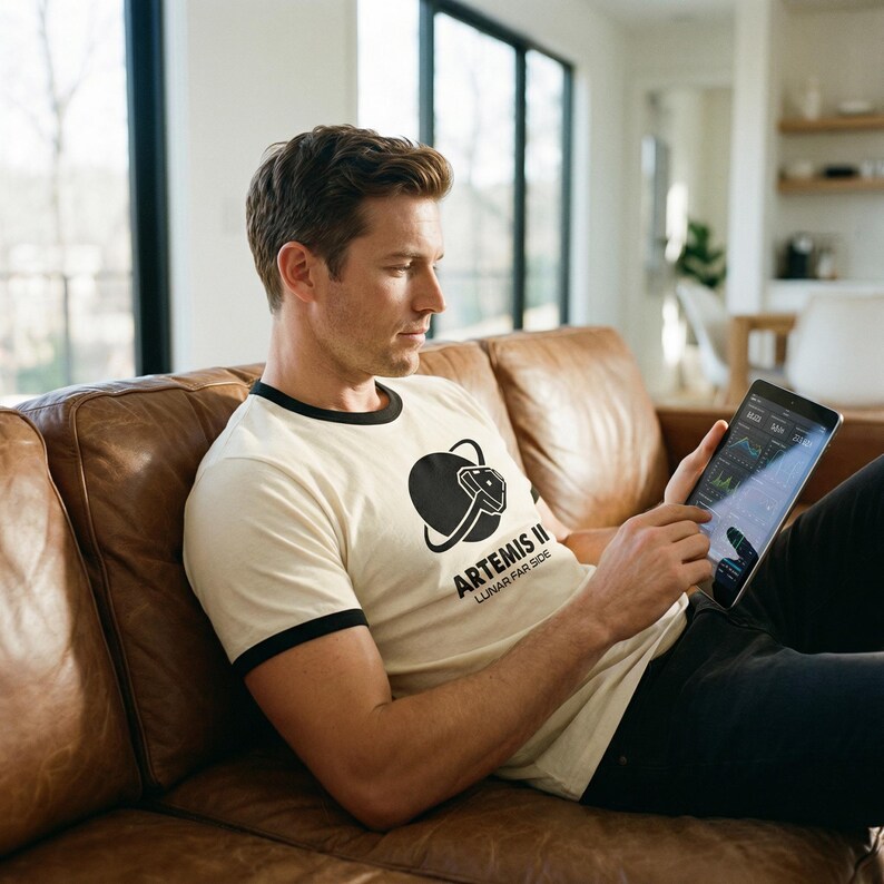 May include: Cream-colored ringer t-shirt with black trim featuring a black graphic of a space helmet and the text "ARTEMIS II LUNAR FAR SIDE". The person is holding a tablet.