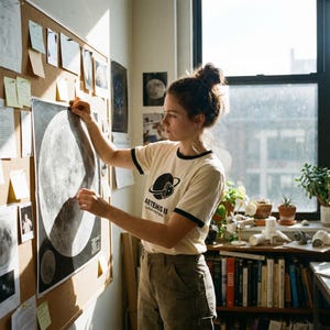May include: A woman in a cream-colored t-shirt with black trim and a graphic of a planet and the text "ARTEMIS II LUNAR FAR SIDE" is hanging a large black and white moon poster on a corkboard. The room has a window, plants, and books.