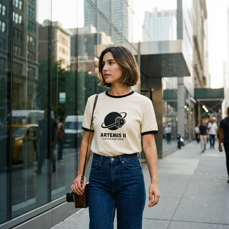 May include: A cream-colored t-shirt with black trim and the text "ARTEMIS II LUNAR FAR SIDE" printed on the front. The graphic features a black planet with a space-themed design. The person is wearing blue jeans and carrying a brown camera bag.