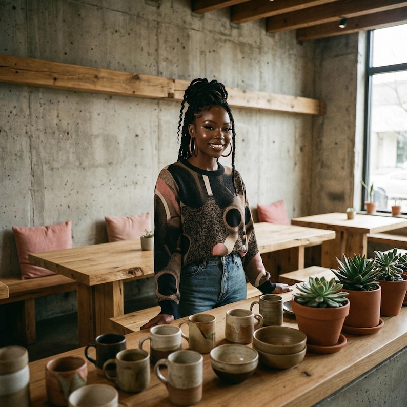 May include: A woman stands behind a wooden counter displaying various ceramic mugs and bowls. The counter also holds potted succulents. The woman wears a patterned sweater and jeans. The background features wooden tables and a concrete wall.
