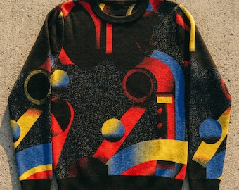 Minoan Abstract Retro-Futurist Jacquard Sweater — Ancient Future Geometric Knit Pullover