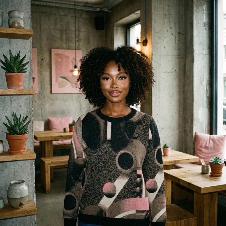 May include: A woman wearing a black, brown, and pink patterned sweater. The sweater features geometric shapes and circular designs. The woman is standing in a cafe with wooden tables, concrete walls, and potted plants.