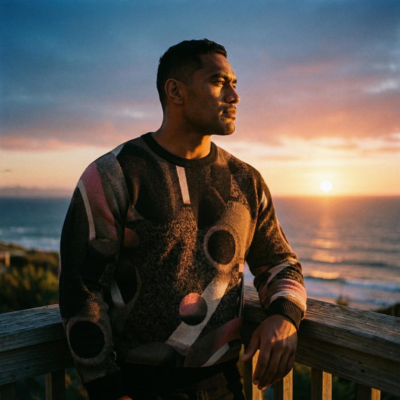 May include: A patterned sweater with a black base, featuring geometric shapes in pink, white, and brown. The sweater has a crew neck and ribbed cuffs. The person is standing on a wooden deck overlooking the ocean at sunset.