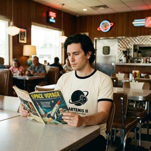 May include: A person wearing a cream-colored t-shirt with black trim, featuring a black graphic of a planet and a rocket, and the text "ARTEMIS II LUNAR FAR SIDE." The person is reading a magazine titled "SPACE VOYAGE."