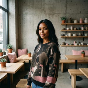 May include: A woman wearing a black, brown, and pink patterned sweater. The sweater has a geometric design. The woman is standing in a cafe with wooden tables, shelves with pottery, and potted plants.