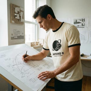 May include: A person wearing a cream-colored t-shirt with black trim and the text "ARTEMIS II LUNAR FAR SIDE" is drawing on a large blueprint. Architectural models and drawings are visible in the background.