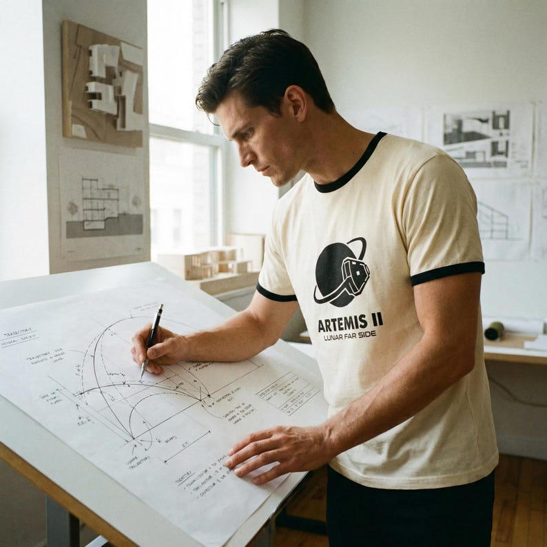 May include: A person wearing a cream-colored t-shirt with black trim and the text "ARTEMIS II LUNAR FAR SIDE" is drawing on a large blueprint. Architectural models and drawings are visible in the background.