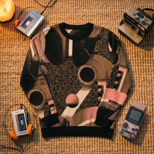 May include: Crew neck sweater with a geometric pattern in black, brown, pink, and white. The sweater has black cuffs and a black collar. The image also includes a vintage Polaroid camera, a Game Boy Color, and two Sony Walkman cassette players.
