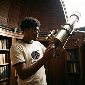 May include: A person wearing a cream-colored t-shirt with black trim and the word "ARTEM" printed on it, adjusting a brass telescope. The telescope is mounted on a wooden stand in a room with bookshelves and a domed ceiling.
